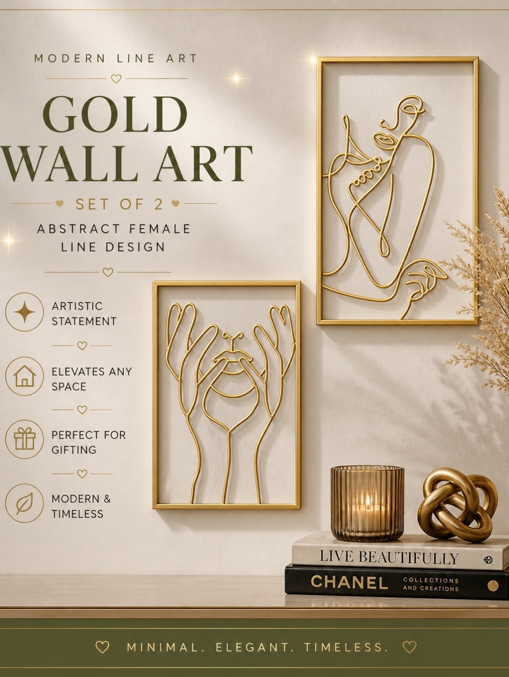 Set of 2 Gold Metal Wall Art Abstract Female Line Art Minimalist Decor